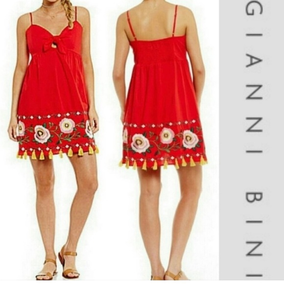 Gianni Bini Red Dress with Floral Embroidery and Yellow Tassels - Picture 1 of 4